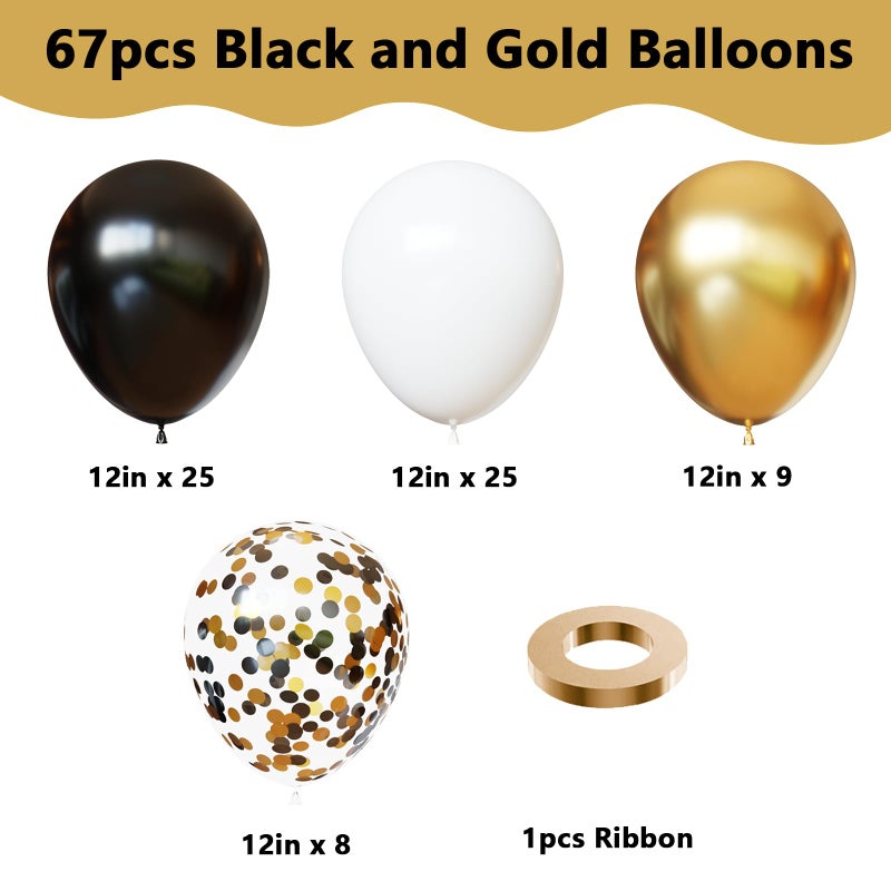 YMSZ Black White Gold Balloons Set, 67 Pcs 12 Inch Black Gold Confetti Party Balloons for Birthday, New Year, Graduation Party Decorations - Image 2